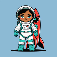 A whimsical illustration of a cute astronaut with a beaming grin, sitting in a colorful rocket decorated with stars and hearts, ready for launch with a vibrant Mars visible through the window.