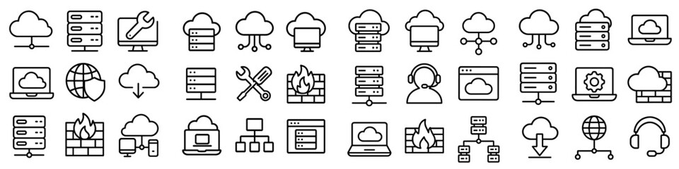 Cloud computing and server hosting line icon set for technology, data security, network administration, and web services concepts