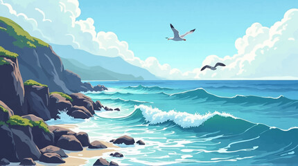 Serene coastal scene with crashing waves, rocky shore, and seagulls in flight under a bright, sunny sky.