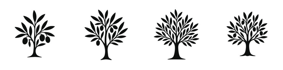 Set of four black olive tree silhouettes isolated on a white background, simple graphic icons for nature and food concepts