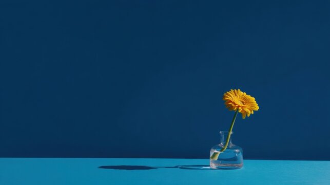 Single yellow gerbera in a simple glass vase against a bright blue backdrop with morning light.