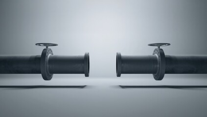 Gas pipeline with closed valves reveals gap in soft industrial gray background