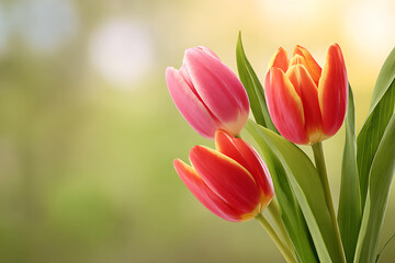 Fototapeta premium Vibrant Pink and Orange Tulips on Soft Green Background in Natural Light