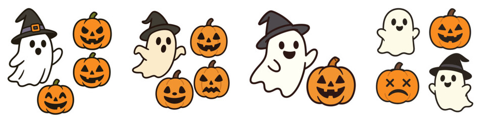 Cute Halloween ghost and jack-o'-lantern pumpkin characters with various expressions, including spooky and happy faces