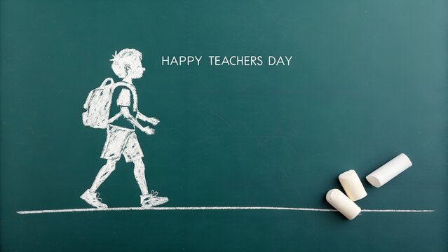 Teachers Day greeting with student drawing on chalkboard with chalk pieces - Powered by Adobe