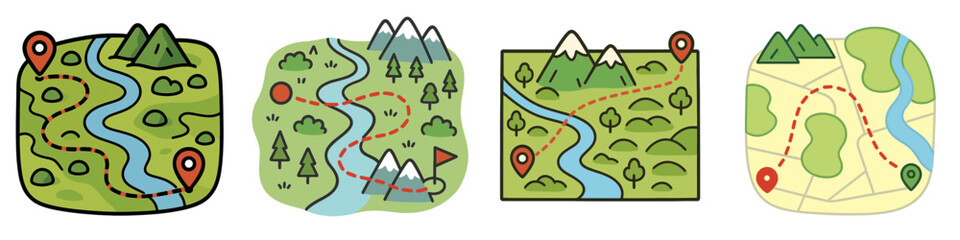 Set of four cartoon travel maps with location pins showing a route through mountains and forests for hiking or adventure
