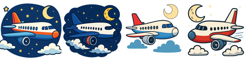 Set of cartoon airplanes flying in the night sky with clouds, moon, and stars, isolated passenger jetliner collection for travel and aviation design elements