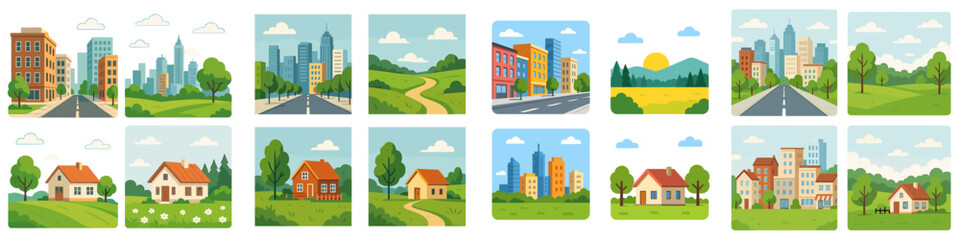 Urban and rural landscape collection with city buildings, country houses, green parks, and summer scenery © Alan