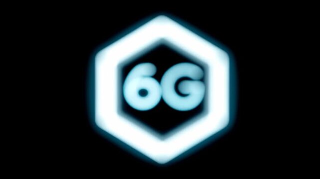 Glowing blue hexagon shape with 6G text inside black background symbolizing futuristic wireless communication technology concept with soft light