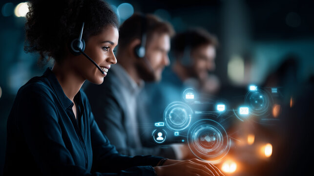 A holographic technical support hub glowing with headset icons chat bubbles and diagnostic gears support agents interacting with floating panels atmosphere of service - Powered by Adobe