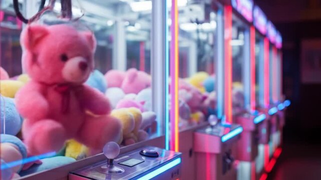 Claw machines with vibrant stuffed animals and pink accents. Perfect for carnival, arcade, toy, funfair, entertainment industry designs.