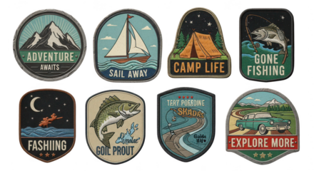 Set of adventure and outdoor themed vintage patches isolated on transparent background