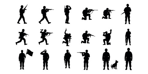 Vector art of collection of diverse soldier silhouettes in various action poses