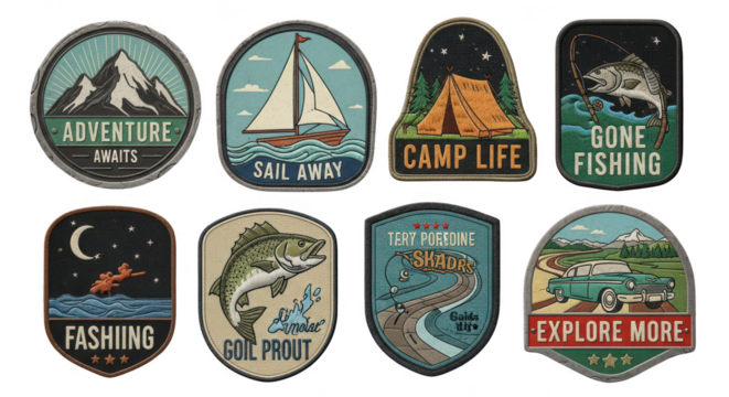 Set of adventure and outdoor themed vintage patches isolated on transparent background
