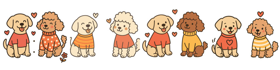 Adorable collection of kawaii puppies wearing colorful sweaters, featuring poodle and retriever dog breeds with hearts isolated on a white background