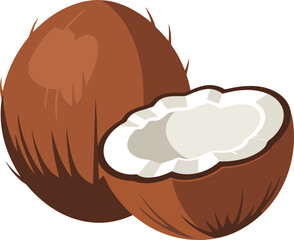 Coconut Pair A Vector Image of Whole and Halved Coconuts with White Flesh on Clear Backdrop