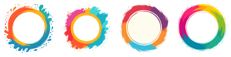 Set of colorful abstract circular frames with paint splash and brush stroke textures for modern design elements, vibrant round borders isolated on a white background