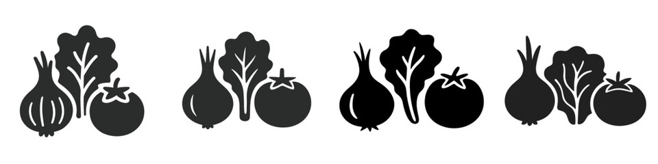 Collection of black silhouette vegetable icons including onion, tomato, and lettuce for healthy eating and grocery store concepts
