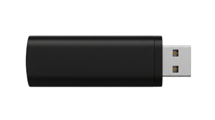 Black USB flash drive isolated on transparent background for data storage and transfer