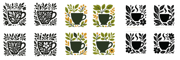 Set of coffee and tea cup icons with floral and botanical elements for cafe logo design and branding