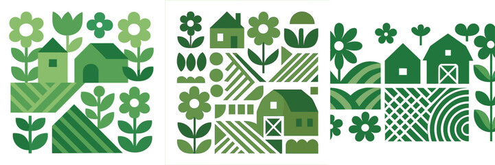 Collection of geometric farm landscapes with rural houses, agricultural barns, and blooming flowers in a green monochrome palette © Alan