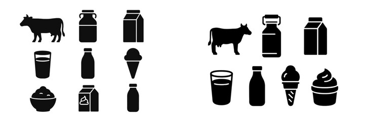 Collection of dairy product icons featuring a cow, milk carton, yogurt, and ice cream silhouettes for food and beverage design