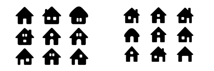Set of black house icons and home symbols for real estate and web design isolated on a white background