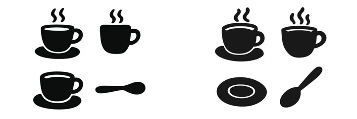 Collection of black silhouette icons for hot beverages like coffee and tea, featuring cups, mugs, steam, saucers, and spoons isolated on white