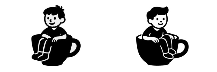 Cartoon character boy sitting inside a large coffee cup, a minimalist black and white icon for a cafe or coffee shop logo