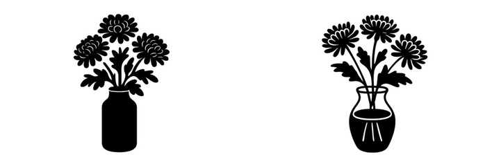 Black silhouette icon set of chrysanthemum flower bouquets in decorative vases isolated on a white background