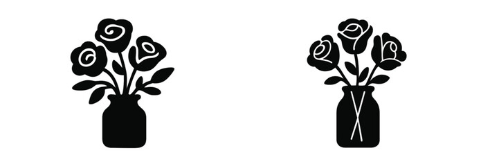 Set of two black silhouette icons of a rose bouquet in a vase, simple floral graphic design element for decoration