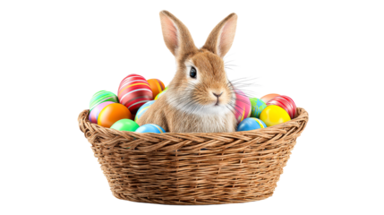 Fluffy brown bunny peeking from a basket filled with colorful decorated eggs, cut out transparent