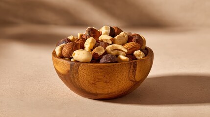 Assorted nuts in a wooden bowl with natural lighting