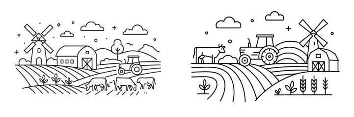 Set of two farm landscapes in a minimalist line art style with barn, windmill, tractor, and cows on rolling hills