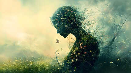 Ethereal Woman Shrouded in Nature's Elements and Floral Aesthetics