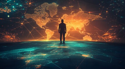 Silhouette of Person Against Abstract World Map with Digital Connections