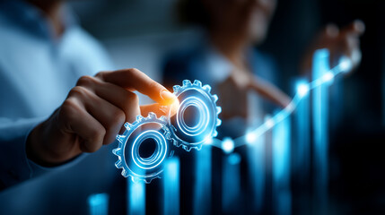 A glowing holographic performance dashboard where gears rotate slowly as optimization indicators flash dynamically executives pointing at rising bars and graphs atmosphere of pro
