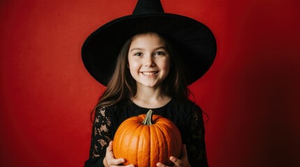 Smiling girl in witch costume with large hat and lace dress holds a pumpkin
