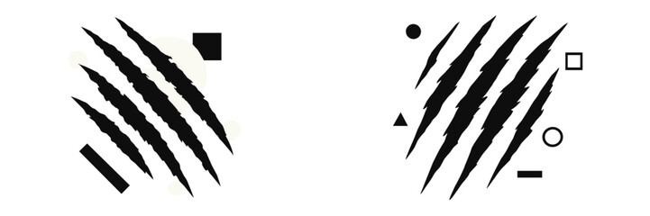 Abstract geometric composition with black claw marks and shapes on a white background, minimalist grunge design element set