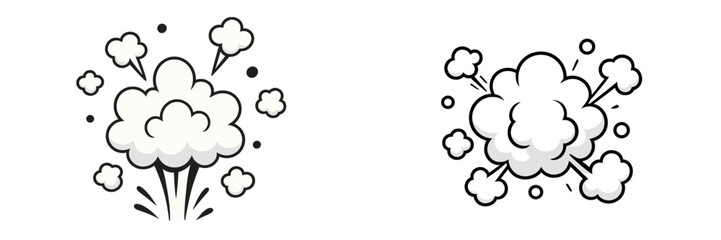 Collection of comic book style explosion and smoke puff clouds, dynamic cartoon pop art elements for action effects isolated on white