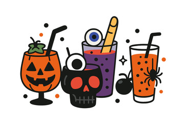 Collection of spooky Halloween cocktails with pumpkin jack-o'-lantern, skull mug, eyeball garnish, and spider decoration