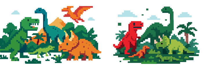 Pixel art dinosaur set with T-Rex, Brachiosaurus, and Triceratops in a prehistoric jungle landscape for retro 8-bit video games © Alan