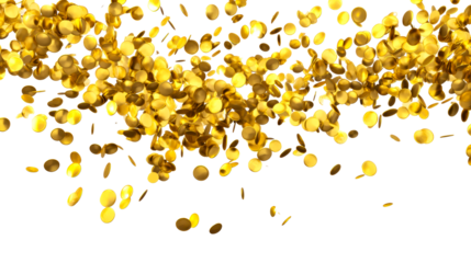 Cascading gold coins falling and scattering against a white background, cut out transparent