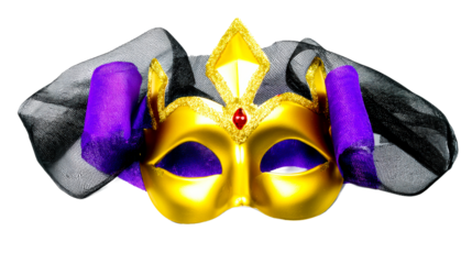 Ornate Golden Masquerade Mask with Purple and Black Veil, cut out transparent
