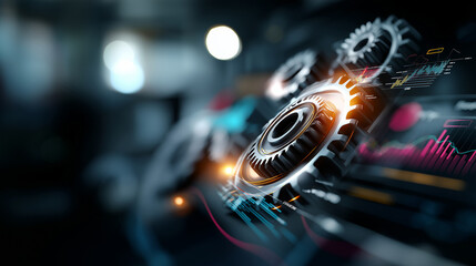 A dynamic digital interface filled with rotating gears and colorful charts PMI and performance tracking indicators glowing in motion background infused with soft industrial light
