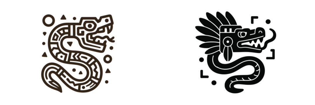 Traditional tribal style icon set of the Quetzalcoatl feathered serpent, an Aztec and Mayan god symbol from ancient Mexico mythology