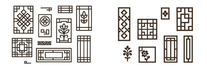 Set of traditional Korean window and door patterns with geometric and floral ornaments isolated on a white background