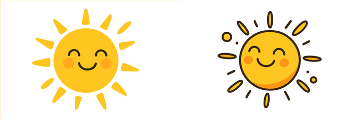 Set of two cute smiling sun characters in kawaii style, happy weather icon isolated on white background