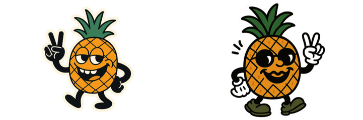 Two groovy retro cartoon pineapple characters with peace signs and sunglasses, a vintage fruit mascot design with happy expressions isolated on a white background