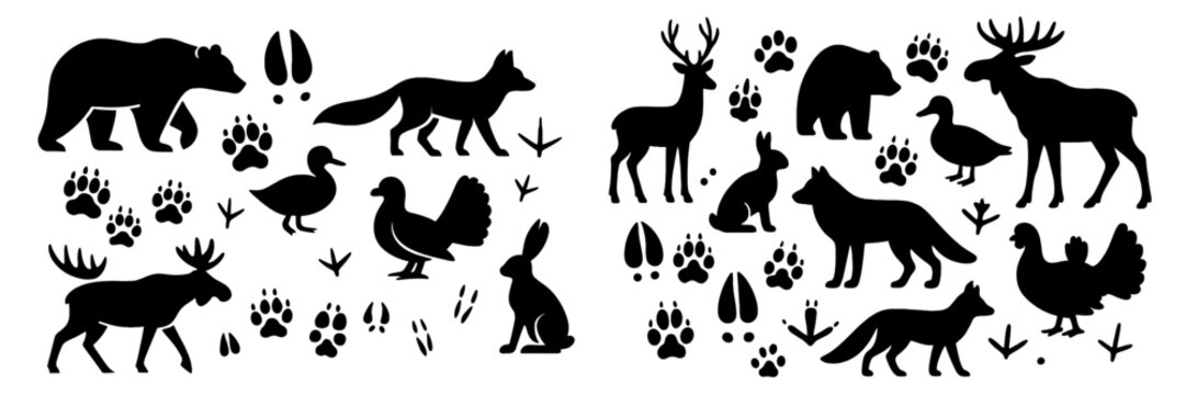 North American forest animals and wildlife tracks silhouette collection with bear, fox, deer, moose, wolf, rabbit, and turkey